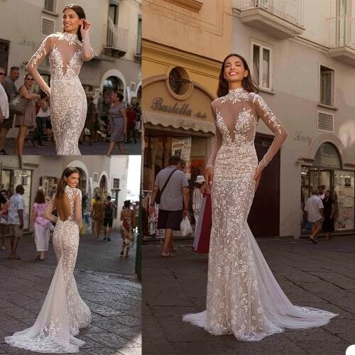 New Wedding Dresses High Collar Lace Appliques Sequins Mermaid Bridal Gowns Custom Made Hollow Back Sweep Train Wedding Dress