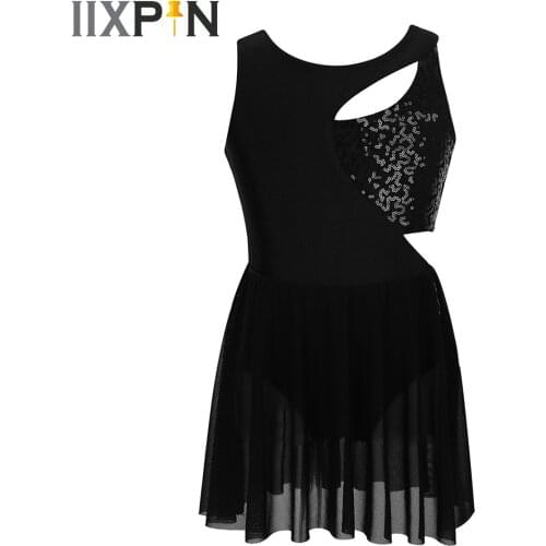 IIXPIN Kids Girls Sleeveless Asymmetrical Shiny Sequins Keyholes Figure Ice Skating Roller Skating Ballet Dance Leotard Dress