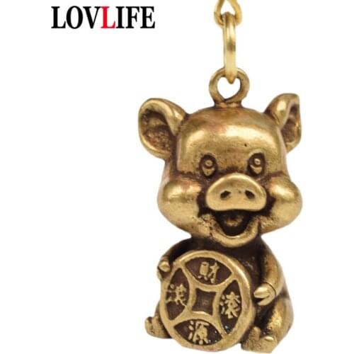 Vintage Brass Cute Chinese Character Lucky Pig Figurines Keychains Pendants Jewelry Financial Blessing Make Money DIY Hangings
