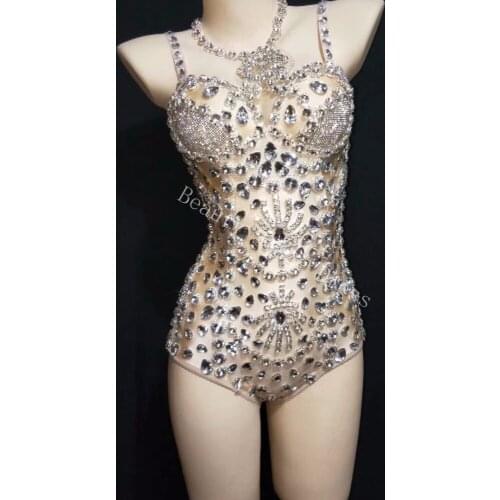 Bright Silver Rhinestones Bodysuit Big Stones Birthday Celebrate Evening Outfit Nightclub Women Singer Dancer Show Clothes