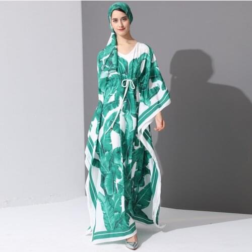 High Quality 2017 Runway Fashion Designer Maxi Dress Womens Batwing Sleeve Green Palm Leaf Floral Print Loose Casual Long Dress