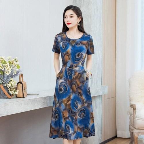Plus Size Vestido Women Dress Fashion Floral Print Short Sleeve O-neck A-line Pocket Elegant Party Dress Robe