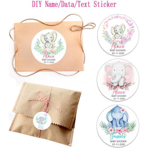 3.5/4.5/6cm Personalized Baby Shower Decorations Custom Cartoon Elephant Adhesive Stickers DIY Name Text Labels Happy Birthday