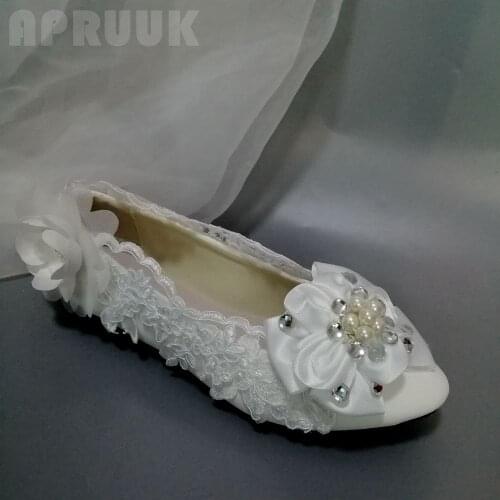 White flower lace wedding flats shoes woman plus size 41 42 handmade sweet design fairy ladies flower girl party bridesmaid shoe