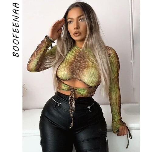 BOOFEENAA Drawstring Ruched Hollow Out Long Sleeve Crop Tops Fall 2020 Fashion Graphic T Shirts Sexy Leopard Tee C70-BC15