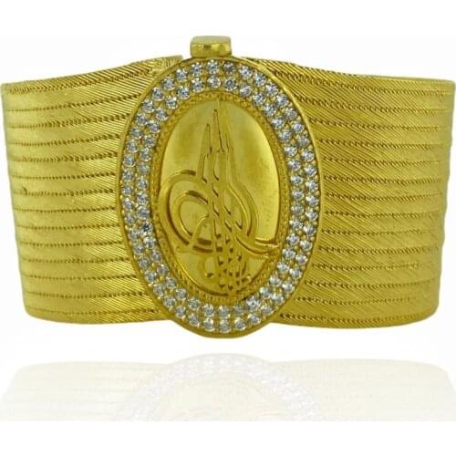 Pure Gold Plated Real Silver Ottoman Sultan Signed Tugra 15 Row Cuff Turkish Art Big Straw 925 Sterling Silver Bracelet