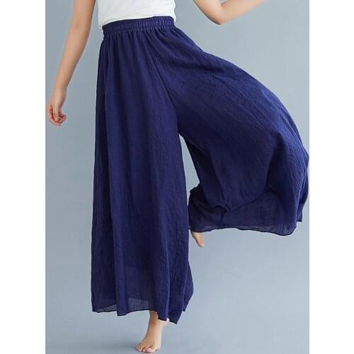LIBERJOG Women Cotton Linen Pants Wide Leg Elastic Waist Pants Casual Loose Culottes Maxi Trousers Solid Color Female