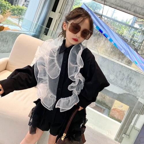 Baby Girl High Quality 2021 Autumn Fashion Design Mesh Ruffle Stitching Personality Shirt Tops Kids Clothes Spring & Autumn