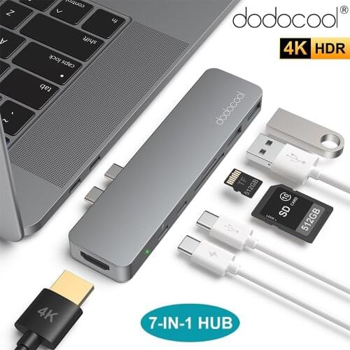 Dodocool USB-C Hub Aluminum Alloy 7-in-1 Multiport Hub Dual USB-C Connectors TF Card Reader USB 3.0 Type-C Ports for MacBook Pro