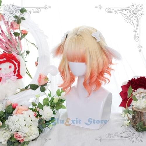 Gradual Yellow Orange Lolita Wig Bunny Ears Rabbit Bow Harajuku Fairy Cosplay Bangs Curly Short Sweet Fringe Adult Girls Hair