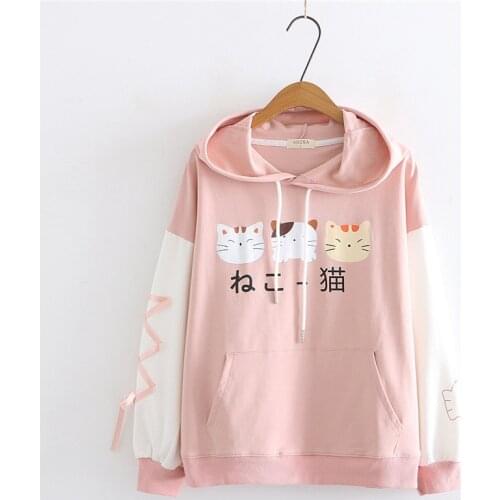 Lolita Harajuku Kawaii Hoodie with Ear Women Print Graphic Japanese Clothes Cute Cartoon Cat Pink Sweatshirt Teen Girl Pullover