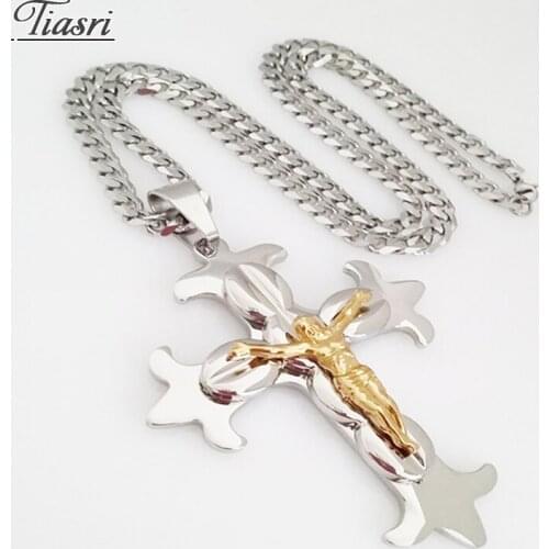 Tiasri Jesus Cross Pendant For Mens Necklace Cuba Miami Chain Collar Choker Silver Color Stainless Steel Jewelry Accessories