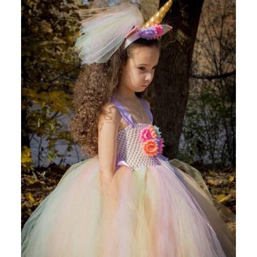 Lovely Girls Unicorn Flower Tutu Dress Kids Crochet Strap Dress Ball Gown with Pastel Tulle Hairbow Children Wedding Party Dress