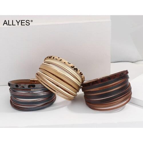 ALLYES Bohemian Multilayer Slim Leopard Leather Bracelet for Women Simple Wrap Bracelets Bangles Female Commuter Jewelry Gifts