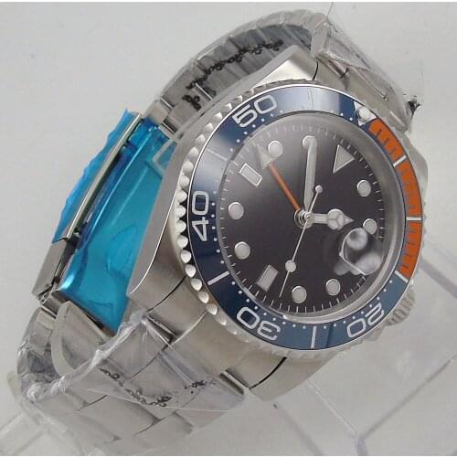 40mm Automatic Men Watch Ceramic Bezel Brushed Oyster Strap GMT Sapphire Glass Screwdown Crown