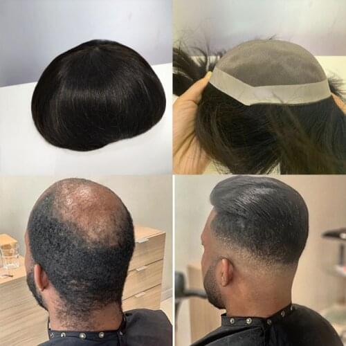 Men Toupee Black Brazilian Hair Replacement System Lace With PU Toupee Natural Remy Human Hair Small Hair Prosthesis Man 7x9