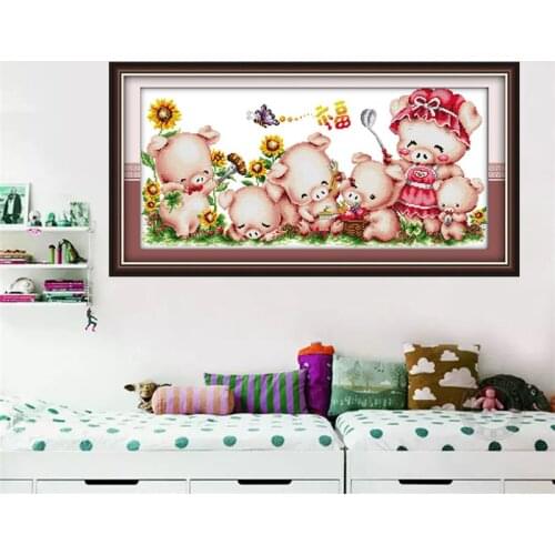 The family of pigs Printed Canvas DMC Counted Chinese Cross Stitch Kits printed Cross-stitch set Embroidery Needlework DIY Decor