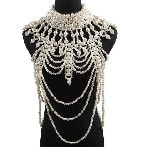 TOPQUEEN G39 Pearls Beaded Sexy Body Chain Chest Chain Exaggerated Necklace Gorgeous Handcrafted Sexy Bikini Accessories Cape