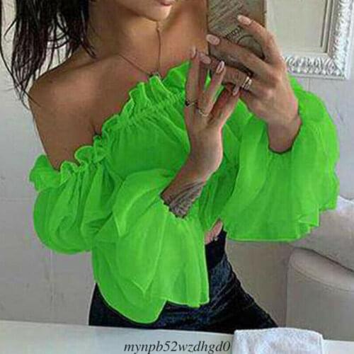 New Off Shoulder Crop Tops Fashion Womens Chiffon Long Puff Sleeve Blouses Lady Sexy Summer Hot Sale Clothes
