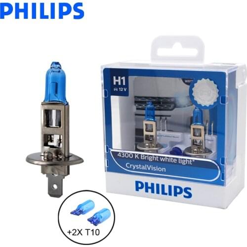 Philips H1 12V 55W Crystal Vision 4300K Bright White Light Halogen Lamps Auto Bulbs Stylish Look UV Resistant 12258CVSM, Pair