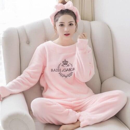 Pajamas women winter flannel long-sleeved thickening plus velvet coral fleece cute autumn and winter home service suit women