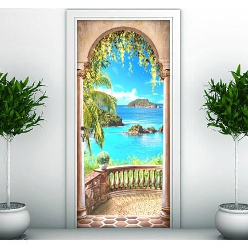 Roman Column Balcony Sea View 3D Door Sticker Wall Mural Papel De Parede Creative Pvc Modern Living Room Bedroom Door Wallpaper