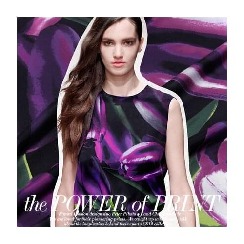 140*138CM 10MM Purple Tulips Print Silk Habotai Fabric for Summer Dress Shirt E328