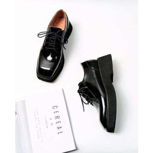 GUIDIBASIC Platform Shoes Women Patent Leather Lace-Up Square ToePlatform Shoes Genuine Leathe Flat Shoes Ladies Wedge Shoes