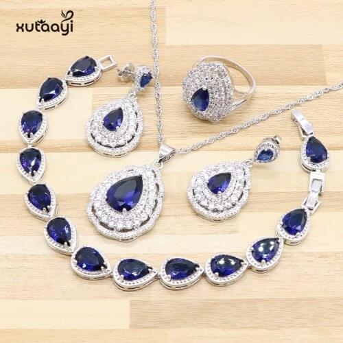 2019 New Dark Blue Semi-precious Heart shaped stone Silver Jewelry Sets For Women Earrings Bracelet Rings Necklace Pendant