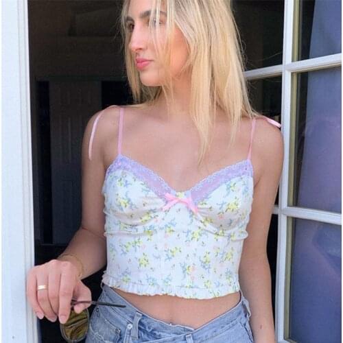 Women Girls Sexy V-neck Camisole Ladies Sweet Lace Splicing Floral Print Sleeveless Midriff-baring Slim Top for Dating Shopping