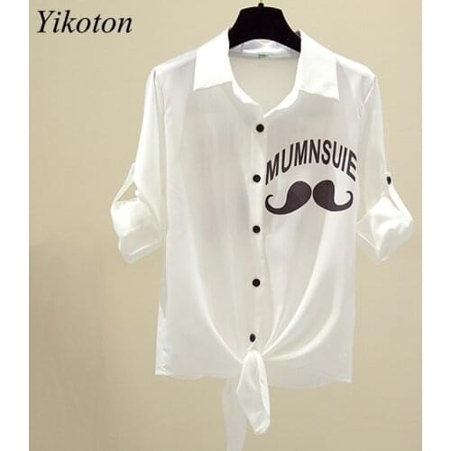 Tops Women TShirts White T-Shirt Kimono Bow Summer Top Women Letter Printed Shirts Sleeve Turn Down Collar Casual Print Blusas