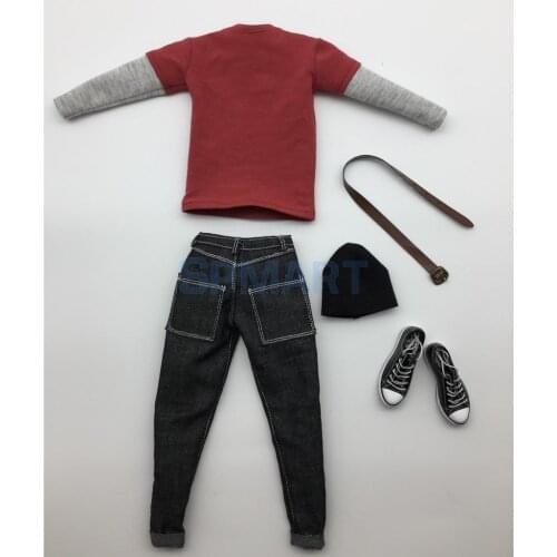 1/6 Scale Mens Outfits Clothes Red Long T-shirt Denim Jeans Hat and Shoes Set for 12inch Action Figure Accessories