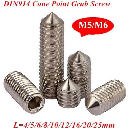 100pcs M5/M6*L DIN914 Hex Socket Cone Point Grub Screw, Set Screws Stainless Steel SUS304