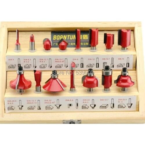 15PCS 1/4" Professional Shank Tungsten Carbide Router Bit Set with Wood Case box