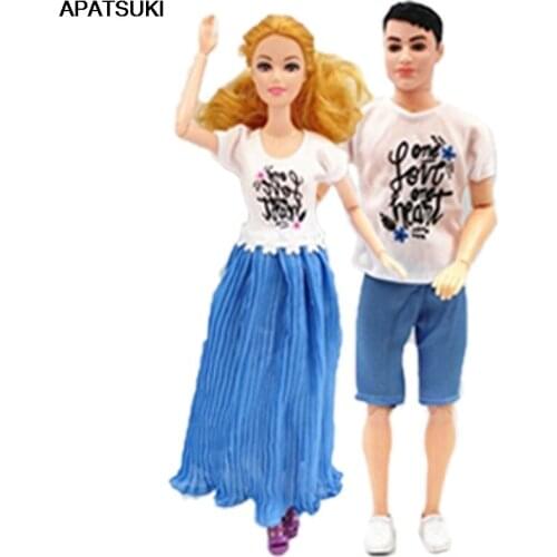 2sets/lot Fashion Clothes Set for Barbie Doll Outfits White Shirts Blue Pleated Skirt Shorts for Ken Boy Doll Couple Lover Toys