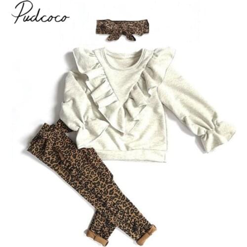 2020 Baby Spring Autumn Clothing Kid Baby Girl Clothes Long Sleeve Ruffle Tops Sweatshirt+Leopard Pants Headband Outfit 6M-5T