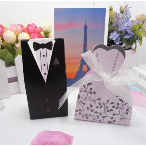 50pc Bride + 50pc Groom Elegant Candy Boxes For Guest Wedding Dresses Party Decoration For Wedding Sweet Bag Wedding Favors Gift