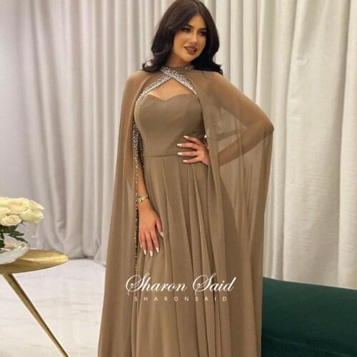 Arabic Brown Chiffon Dubai Moroccan Evening Dress with Cape Sleeve Crystal Long Muslim Formal Dresses Women Wedding Party Gowns