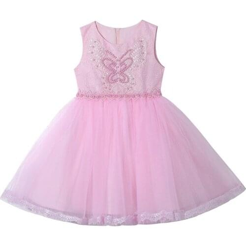 2021 Summer New Girls Gown Butterfly Trumpet/mermaid Kids Spot Pink Mesh Princess Dress Piano Performance Costume