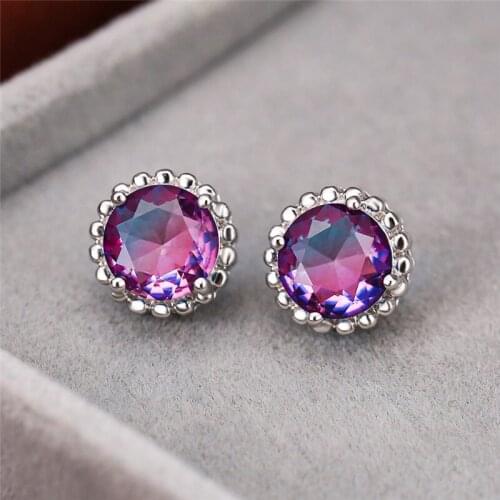 Dainty Rainbow Round Wedding Earrings Fashion Female Blue Purple Crystal Earrings Rose Gold Silver Color Stud Earrings For Women