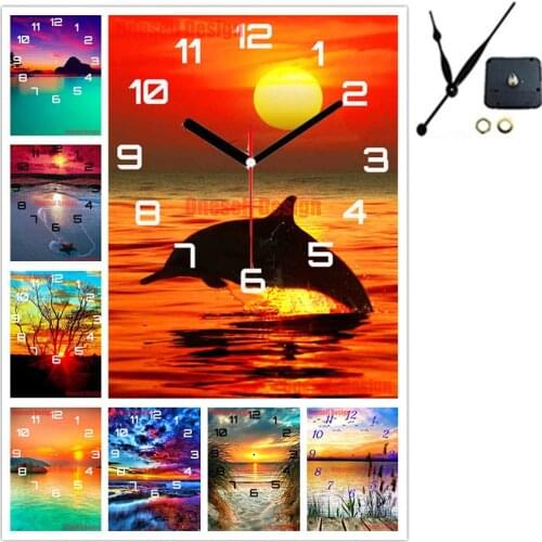 Sunset seascape diy diamond painting cross stitch clock diamond mosaic sale clock rhinestone pictures diamond embroidery full