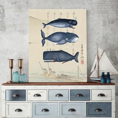 Whale Nautical Art Prints Japanese Wall Art Canvas Painting Vintage Poster Bathroom Decoration Picture Japanese Style Wall Decor