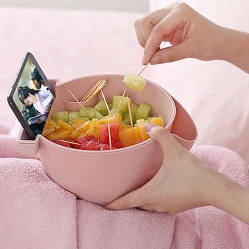 Lazy Snack Bowl Plastic Drainable Multifunction Eat In Bed Snack Storage Box Plate Organizer Fruit Plate Bowl with Phone Holder