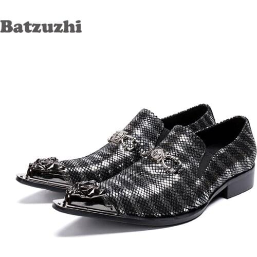 Batzuzhi 2020 New Men Shoes Metal Pointed Toe Black Genuine Leather Dress Shoes Men Oxfords Business and Party Chaussures Hommes