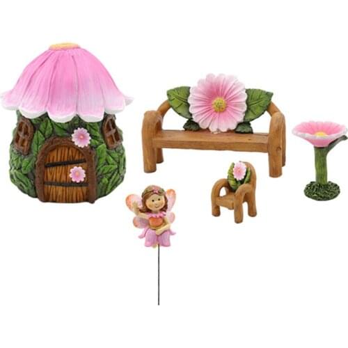 Resin Floral fairy Garden House Set - Hand Painted Miniature Figurine Kit -Miniature Fairyland Garden Display Accessories