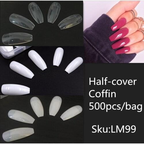 Lamemoria Fake Nails 500pcs Opp Bag White/Natural/Clear Long Stiletto Coffin Nails Ballerina Acrylic Full Cover False Nail Tips