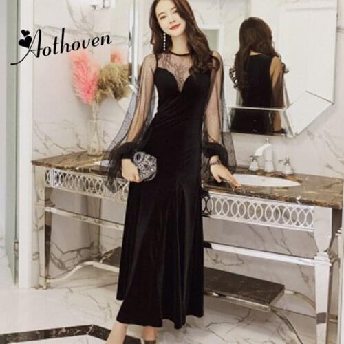 Autumn Black Lace Patchwork Velvet Dress O-Neck Long Lantern Sleeve Dress Women Office Sexy Party Ladies Maxi Dresses Vestidos