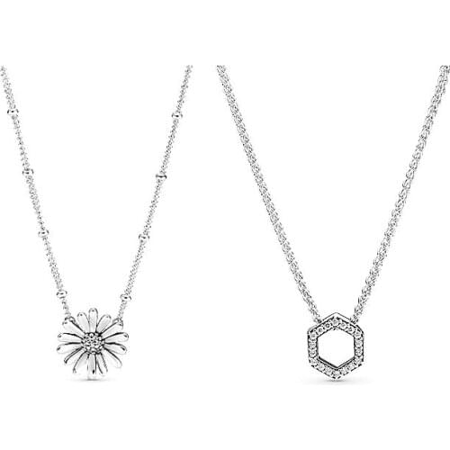 Pan familys new shiny hexagon honeycomb neck chain with Daisy clavicle chain 925 Necklace