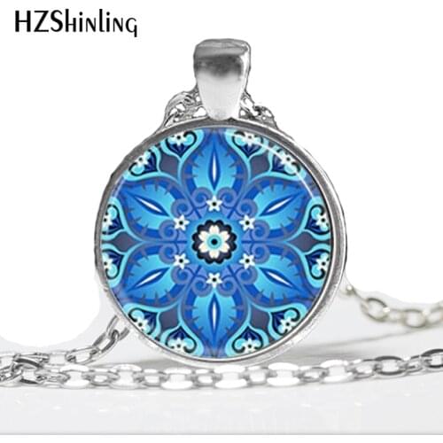 Handmade Kaleidoscope Buddhism Mandala Necklace Art Glass Dome Vintage Neon Blue purple green Mandala boho pendant HZ1