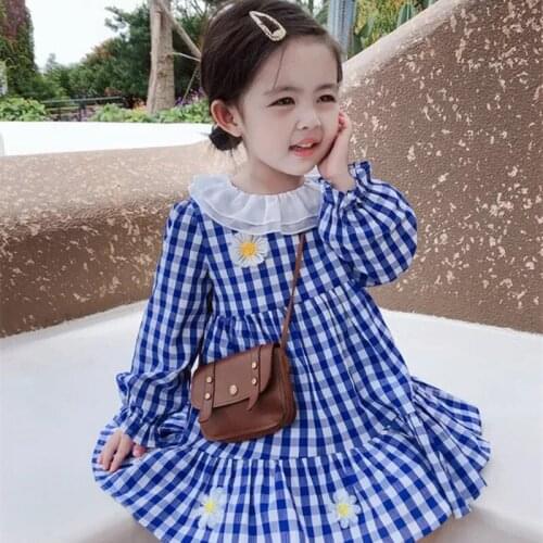 DFXD Toddler Girls Long Sleeve Plaid Dress 2020 Autumn Lace Double-layered Collar Flower Princess Dress 2-7Yrs Children Clothes
